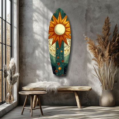 Radiant Horizon Glass Wall Art displaying a sunburst design in orange and gold with teal and cream elements, mounted on a gray textured wall above wooden furniture.