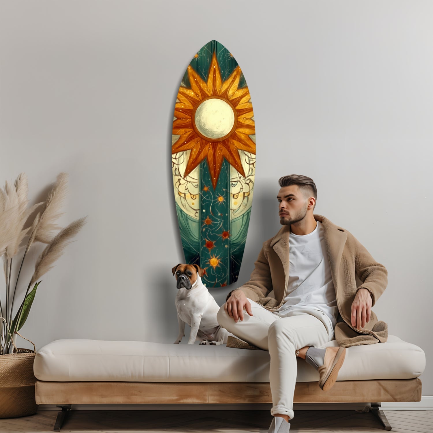 Man and dog sitting on bench beside oval glass wall art featuring golden sun rays, cream moon, and teal background with celestial patterns.