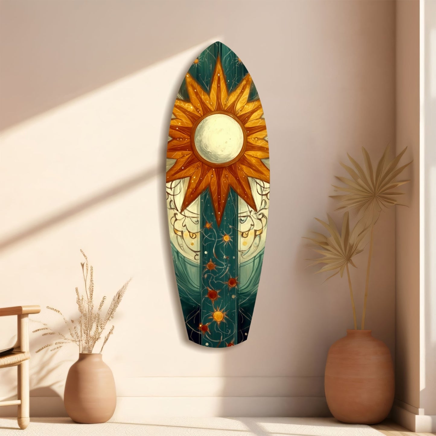 Radiant Horizon glass wall art displayed on a beige wall above terracotta vases, showing golden sun with orange rays and teal botanical design.