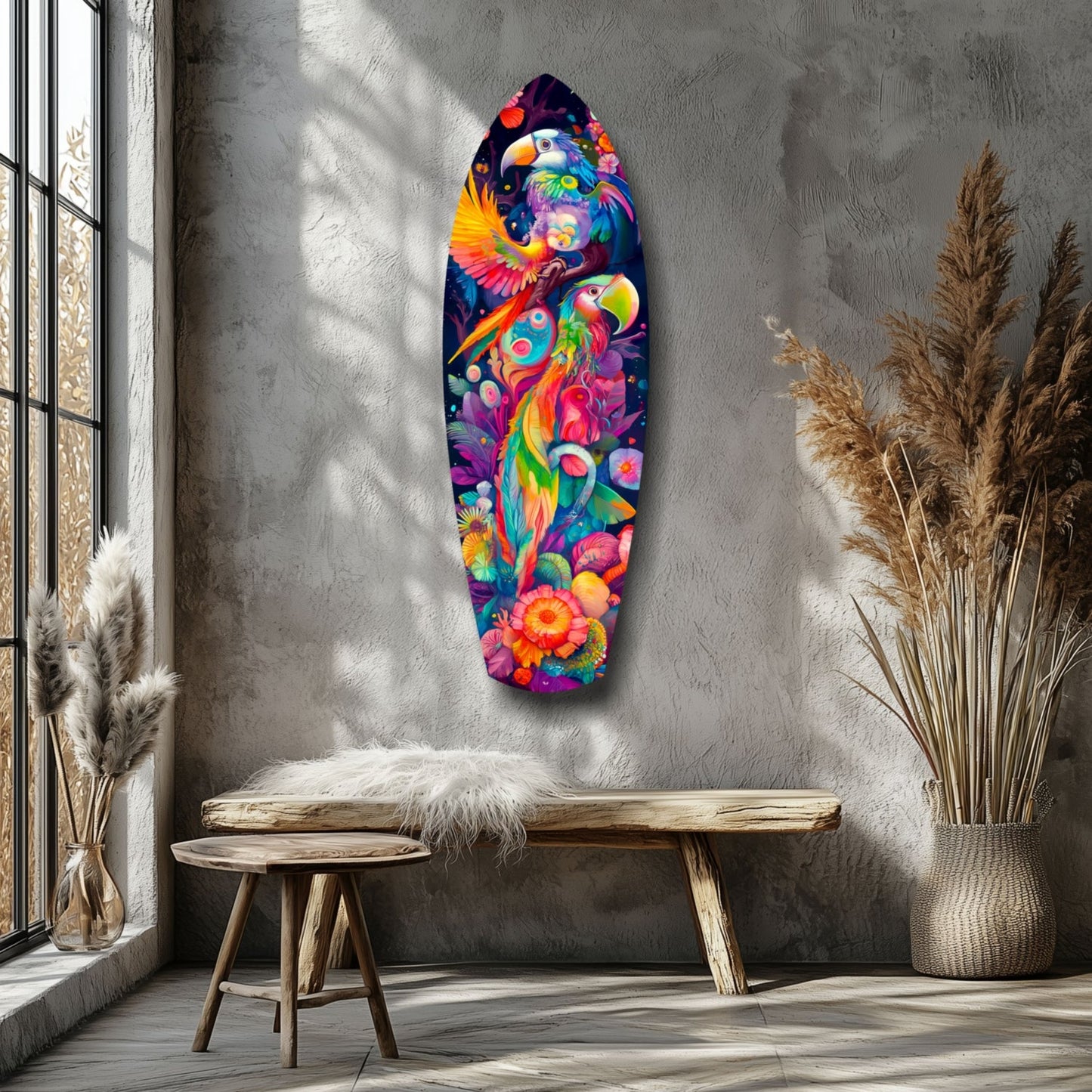 Colorful tropical glass wall art featuring vibrant parrots and flowers displayed above wooden bench in minimalist interior.