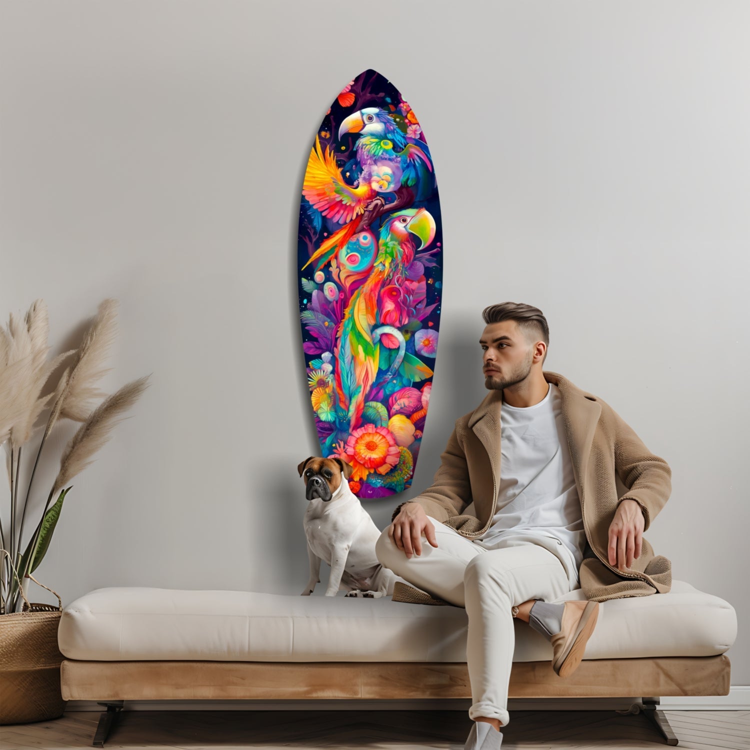 Man with dog sitting on white sofa beneath colorful glass wall art featuring tropical birds and flowers.