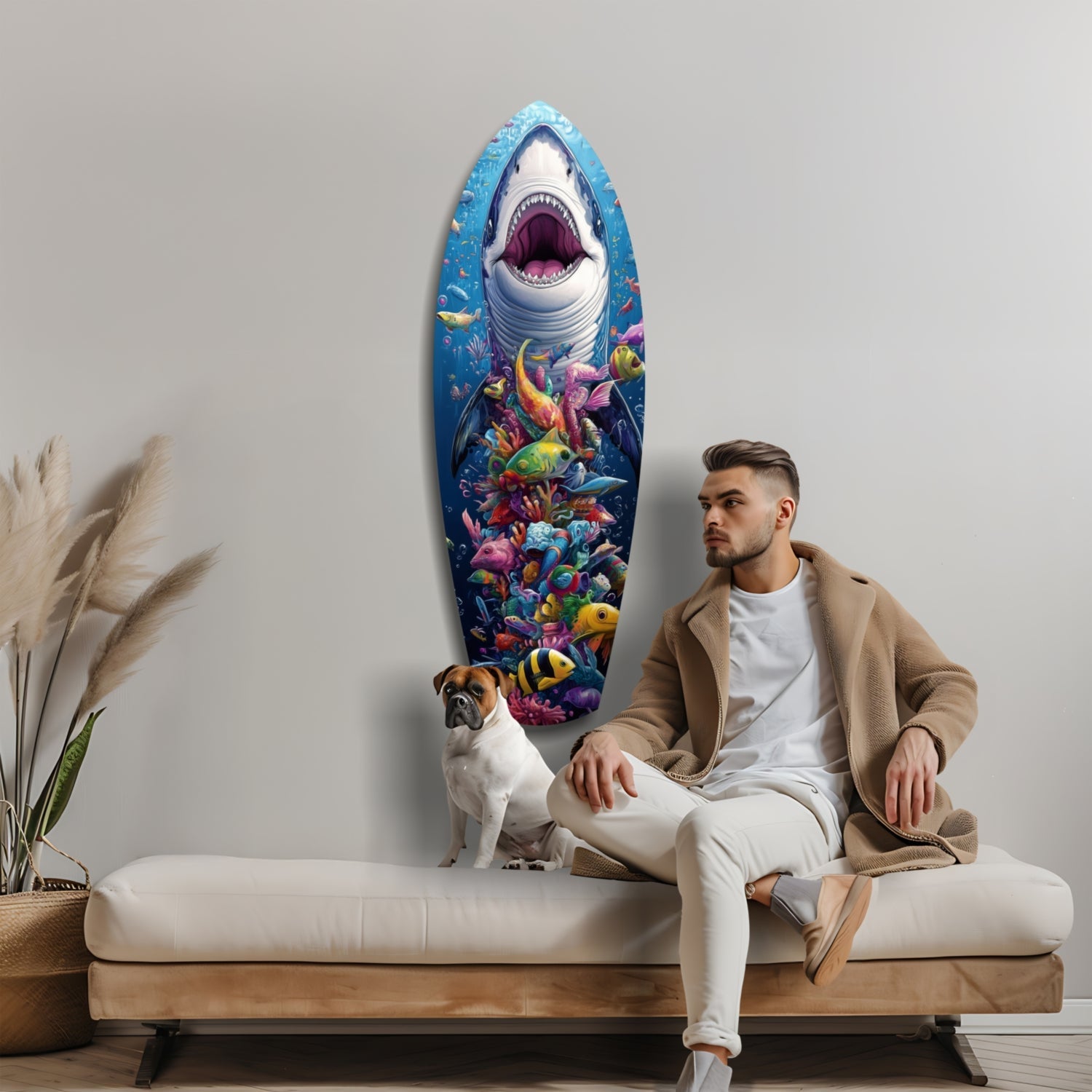 Man and dog sitting on beige sofa beneath oval glass wall art featuring white shark with open mouth above colorful coral reef and tropical fish.