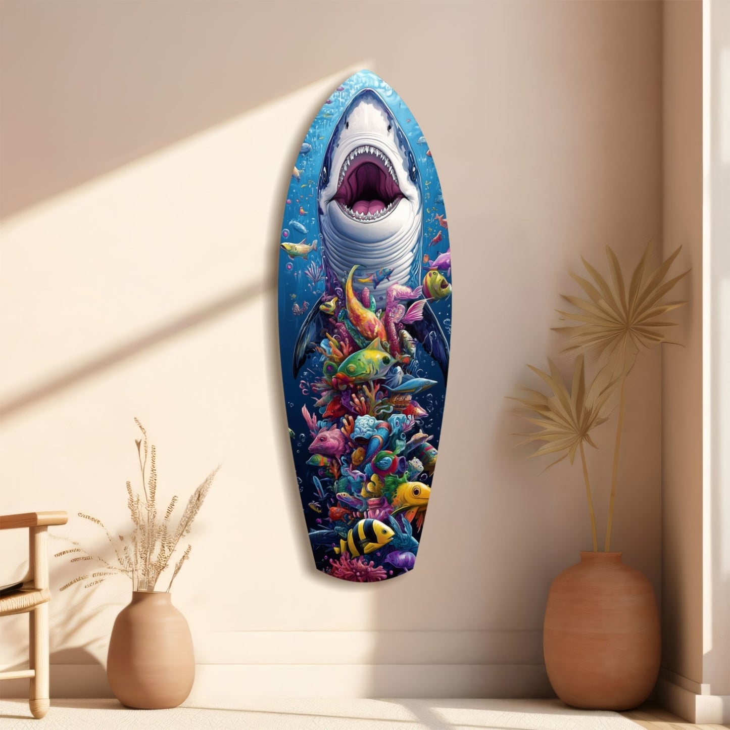 Surfboard-shaped glass wall art displaying a great white shark with open mouth above a vibrant coral reef and colorful fish, mounted on a beige wall between decorative vases.