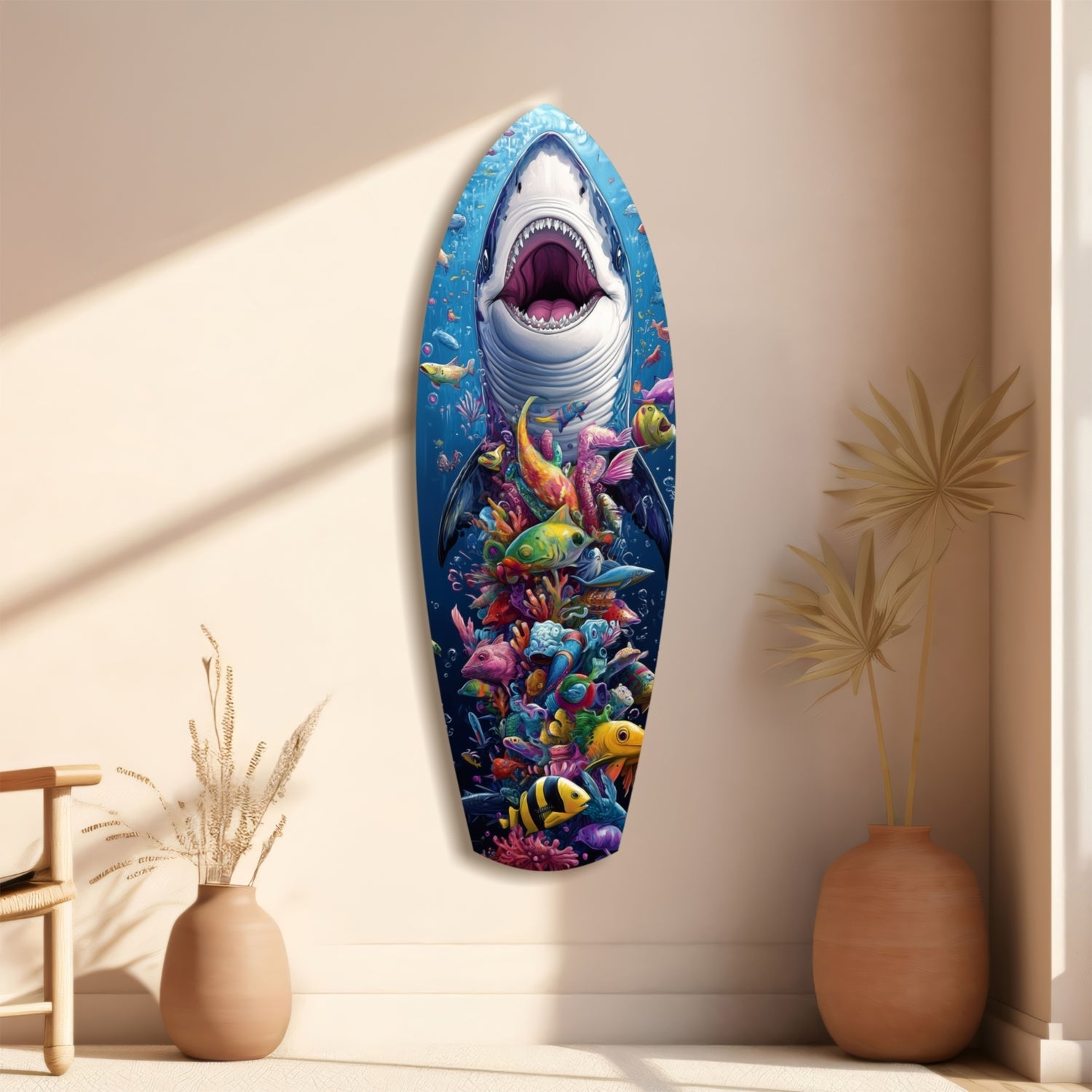 Surfboard-shaped glass wall art displaying a great white shark with open mouth above a vibrant coral reef and colorful fish, mounted on a beige wall between decorative vases.