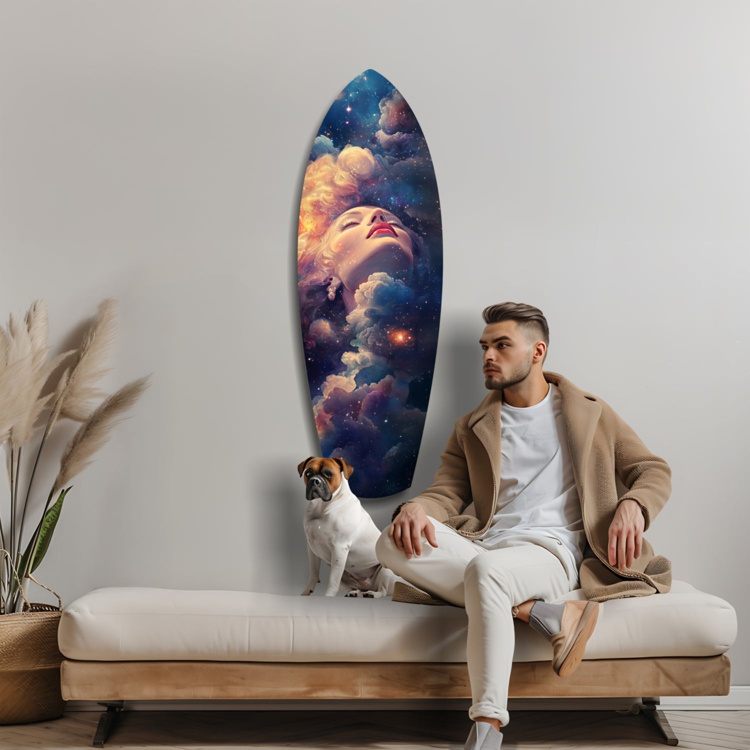 Man and dog sit on a cream bench beside an oval glass wall art depicting a woman's face surrounded by cosmic clouds and stars.