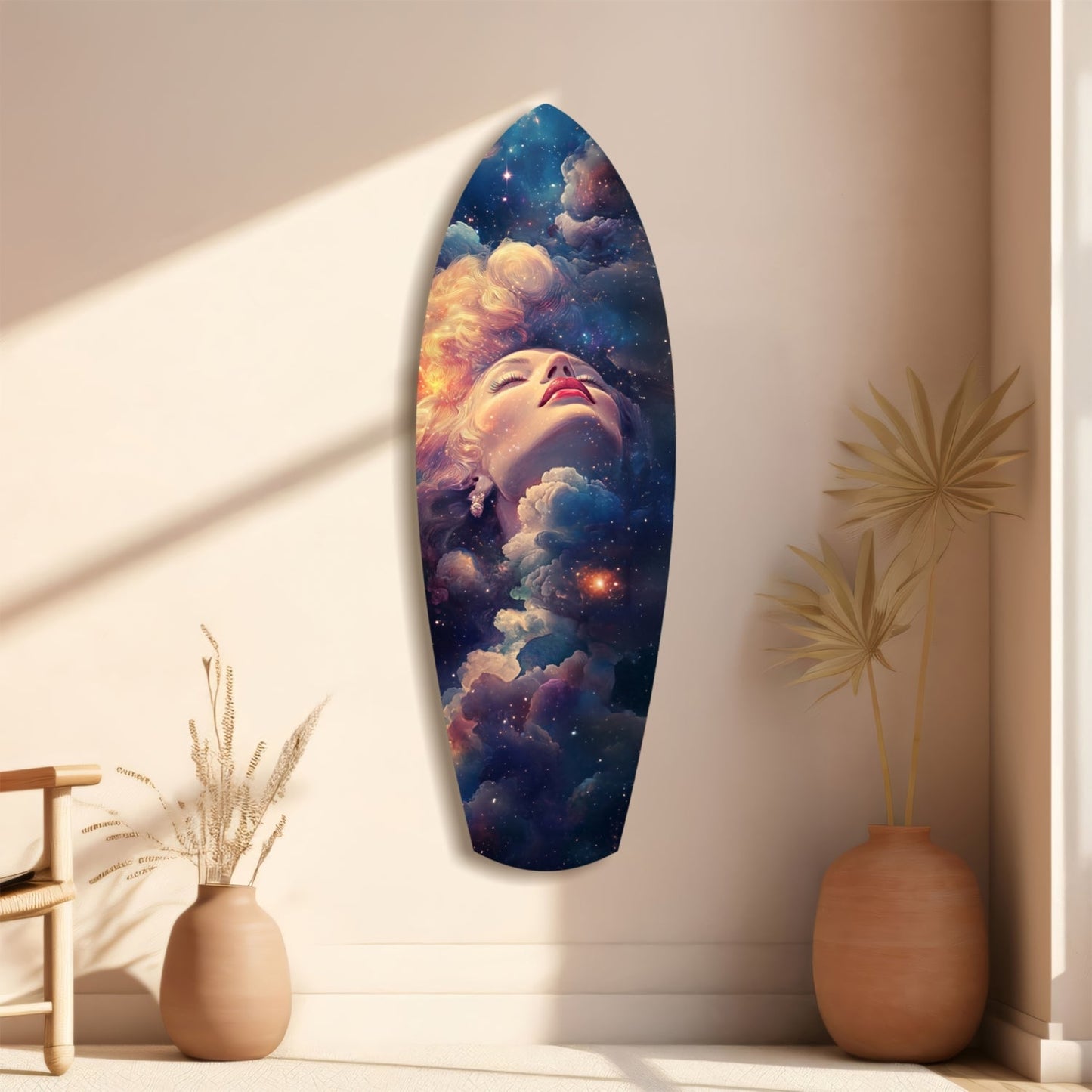 Celestial Dreamer glass wall art displayed on a beige wall between two terracotta vases, featuring a woman's face surrounded by clouds and starry sky in warm and cool tones.