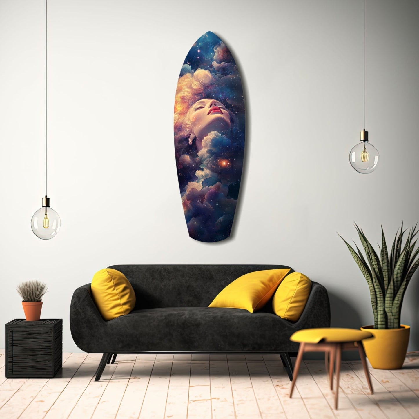 Celestial Dreamer glass wall art displayed above black sofa with yellow pillows in modern living room setting.