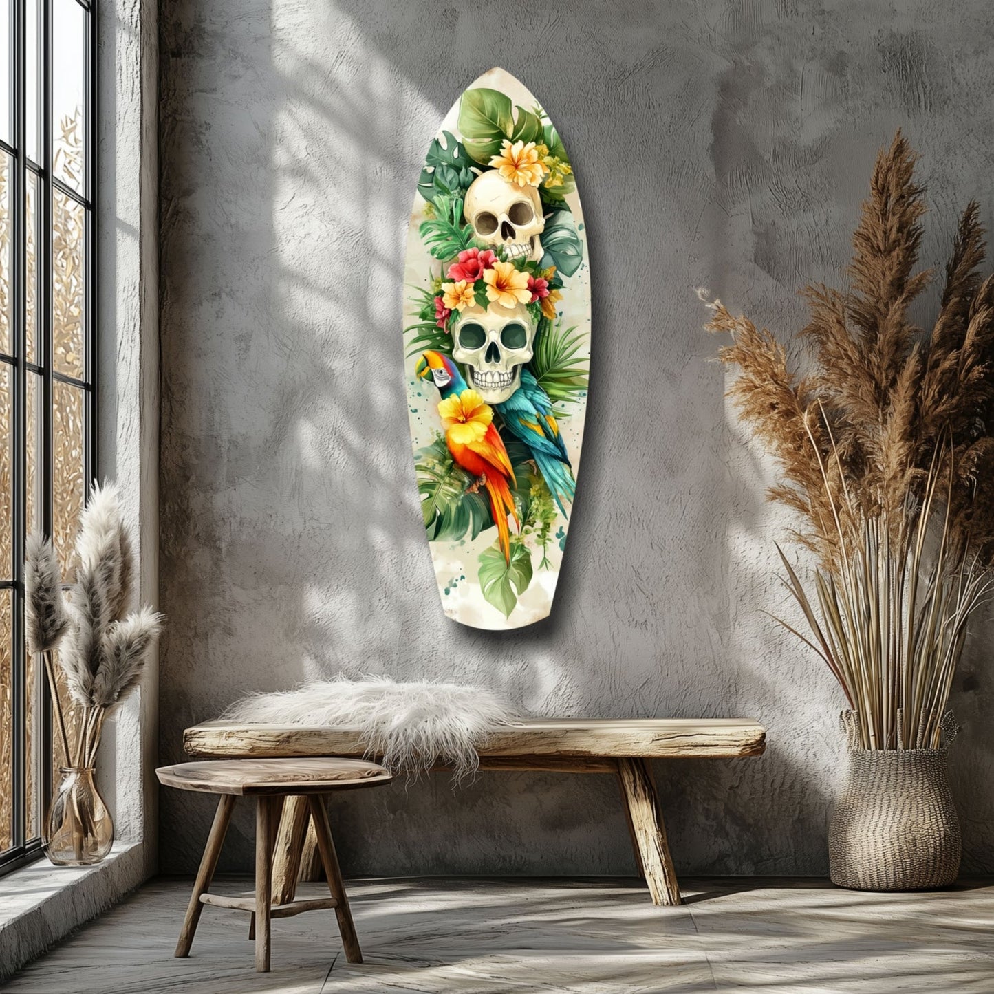 Oval glass wall art featuring two skulls adorned with tropical flowers, parrot, and green foliage displayed above a wooden bench in a minimalist interior.