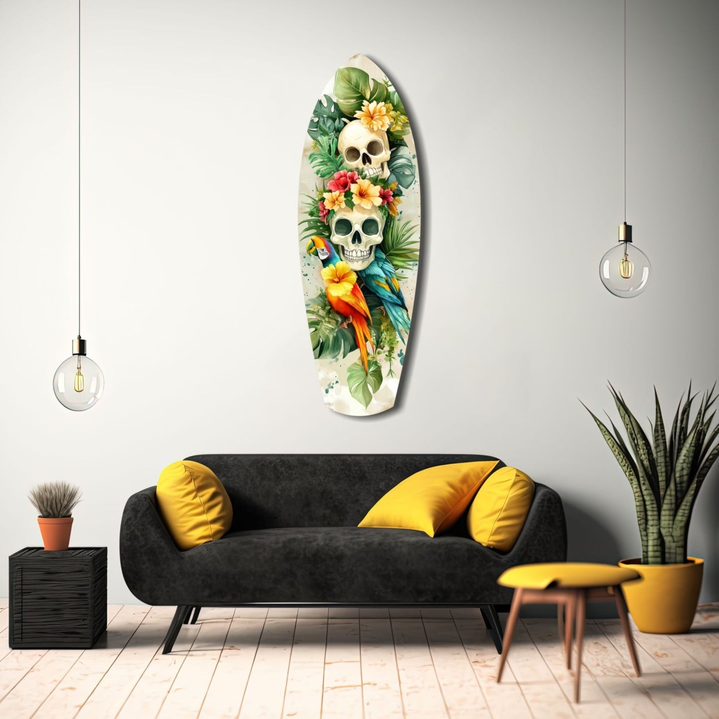 Tropical Mystique glass wall art displayed above black sofa with yellow pillows in modern living room setting.