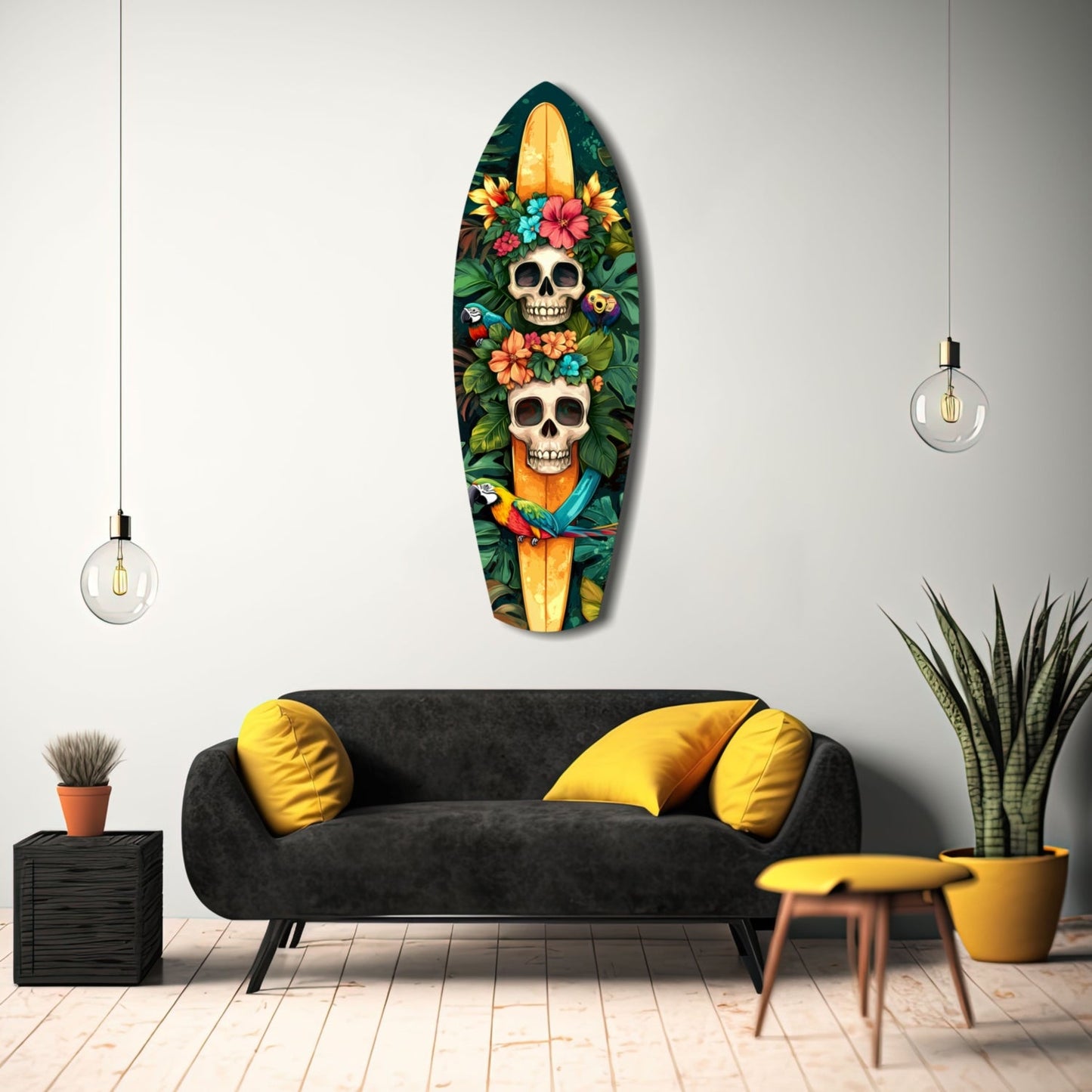 Surfboard-shaped glass wall art featuring two skulls with colorful floral crowns and a parrot, displayed above a black sofa in a modern living room setting.
