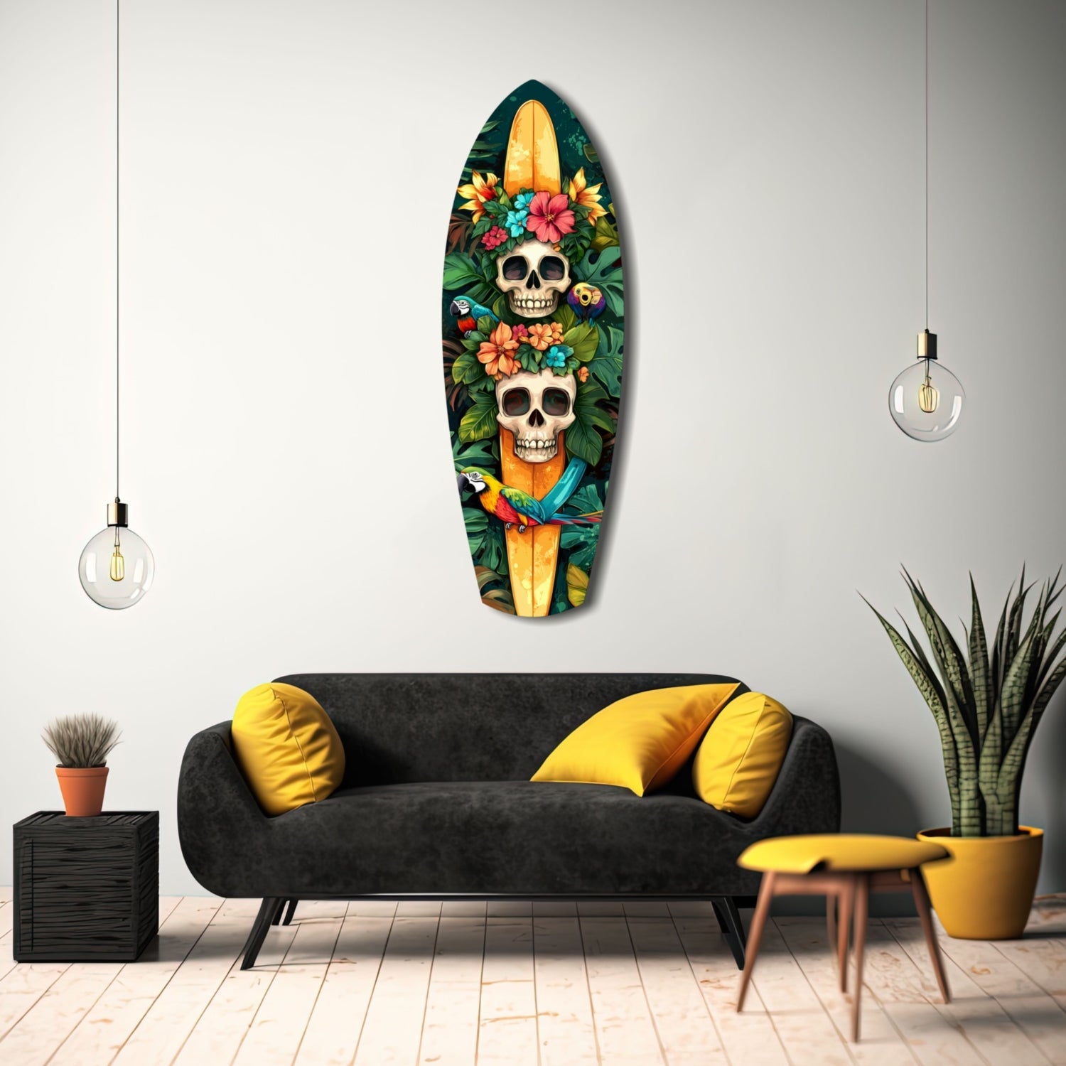 Surfboard-shaped glass wall art featuring two skulls with colorful floral crowns and a parrot, displayed above a black sofa in a modern living room setting.