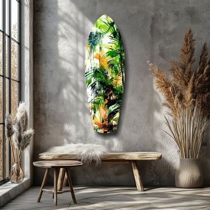 Tropical Forest Glass Wall Art hanging above wooden bench in minimalist room with pampas grass and natural light casting shadows.