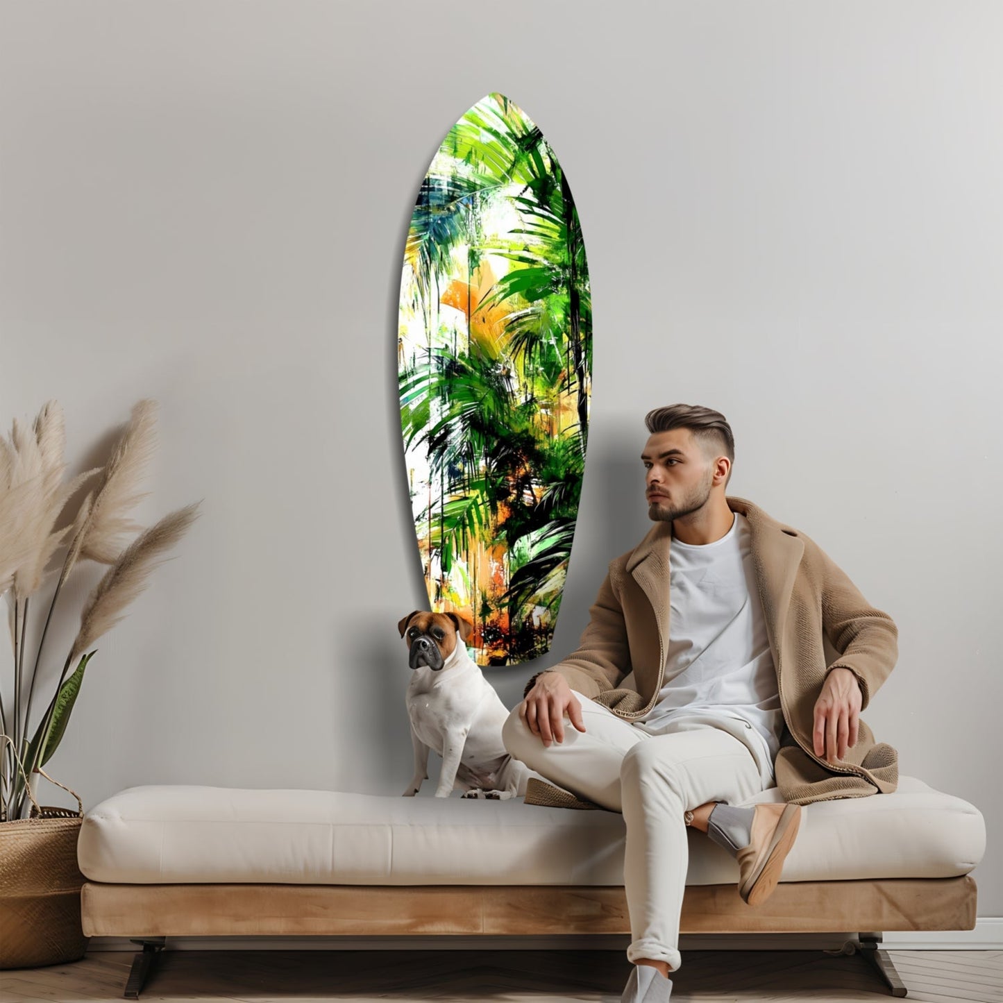 Man sitting on wooden bench with small dog beside tropical forest glass wall art featuring green palm leaves and yellow flowers.
