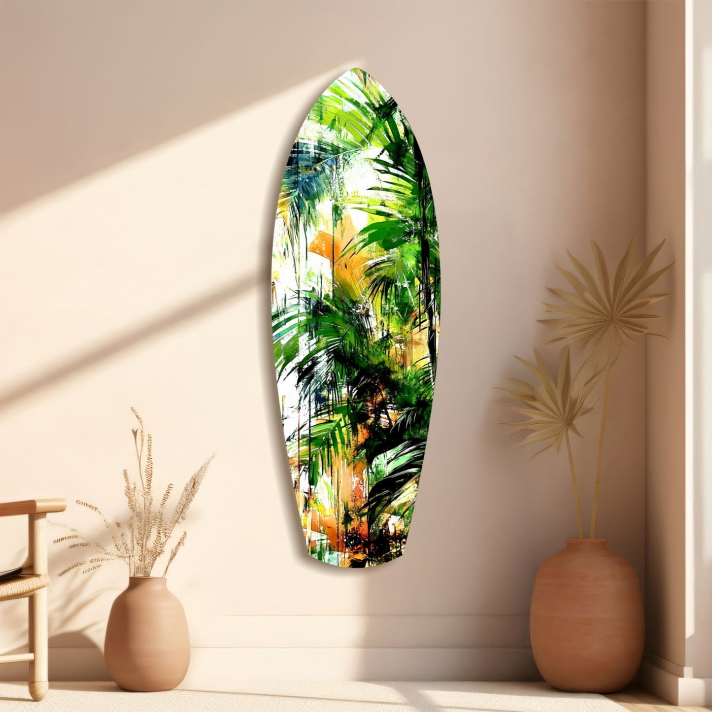 Oval tropical forest glass wall art displaying vibrant green palm leaves and yellow flowers, mounted on beige wall beside terracotta vases.