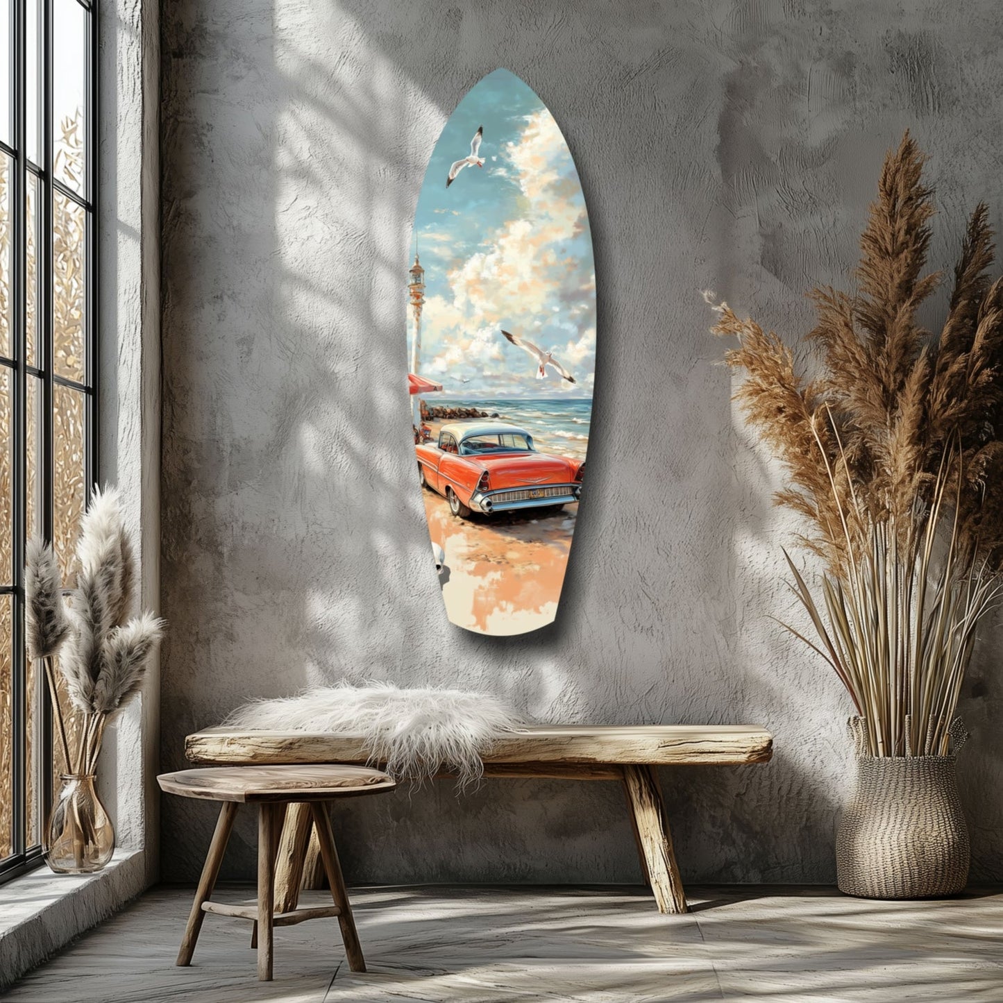 Oval glass wall art depicting a red vintage car at a beach with seagulls and lighthouse, displayed above a wooden bench in a minimalist interior.