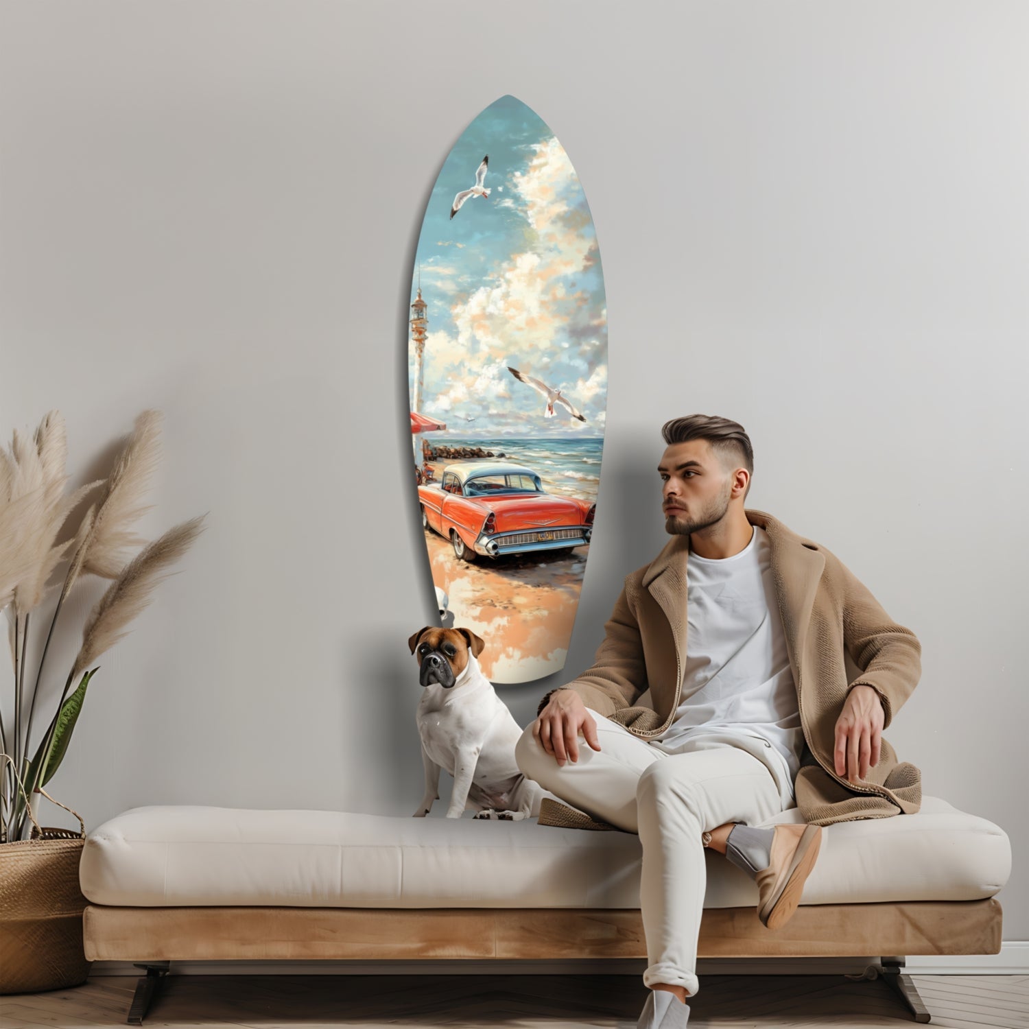Man and dog sit on cream bench beside surfboard-shaped glass wall art depicting red vintage car and beach scene.