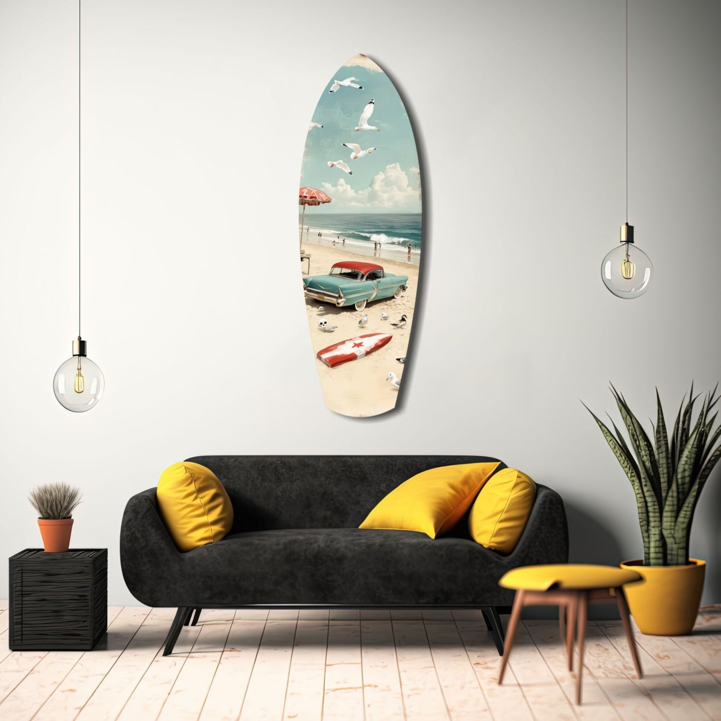 Surfboard-shaped glass wall art displaying vintage beach scene with turquoise car, sailboat, and seabirds, mounted above black sofa with yellow pillows.