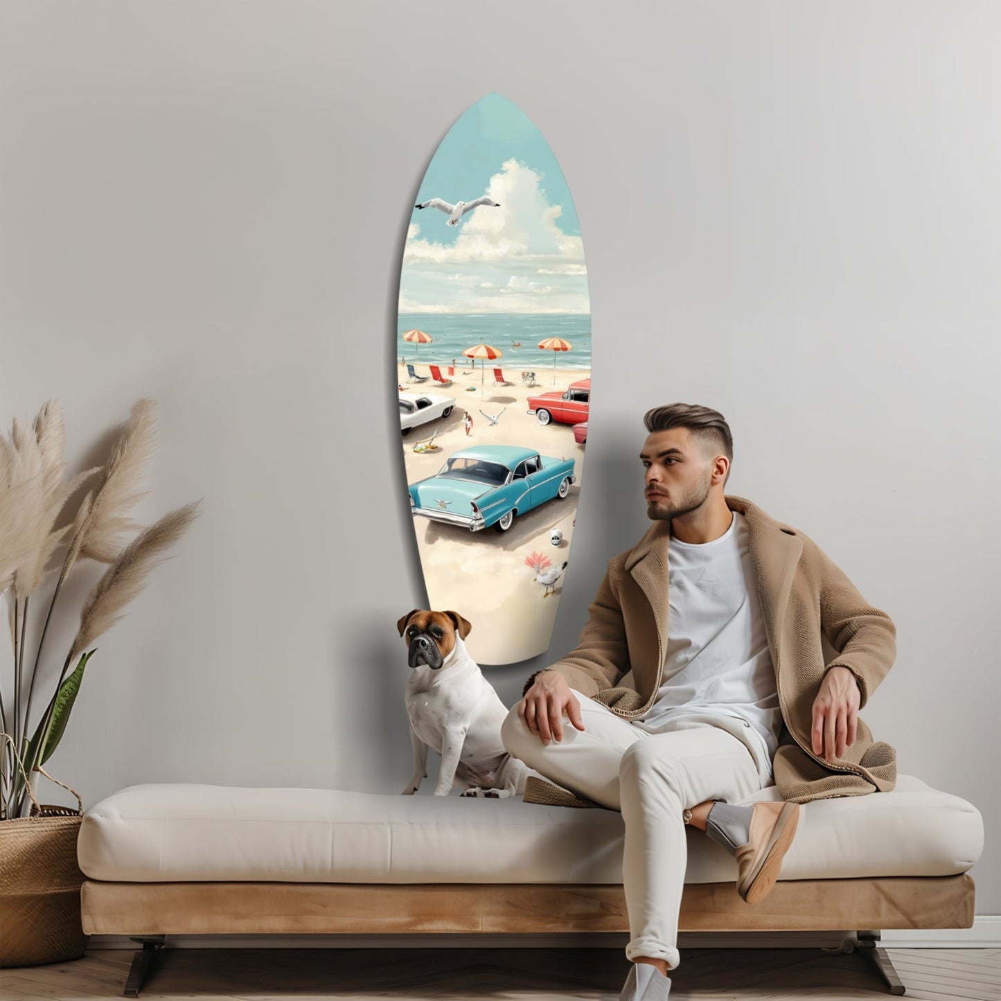 Man and dog sitting on bench beside elongated surfboard-shaped glass wall art depicting vintage beach scene with classic cars and umbrellas.