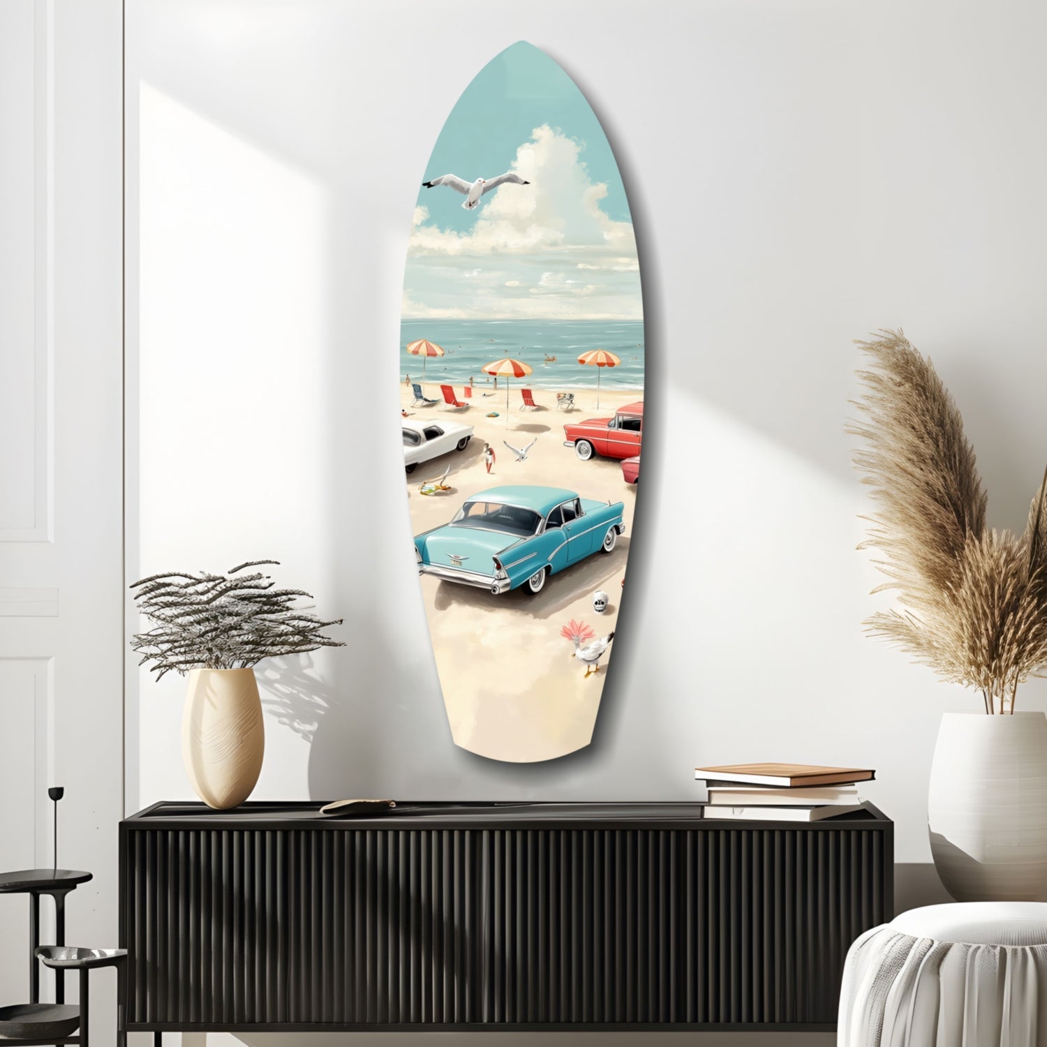 Surfboard-shaped glass wall art depicting vintage beach scene with turquoise car, umbrellas, and seagull against white wall.