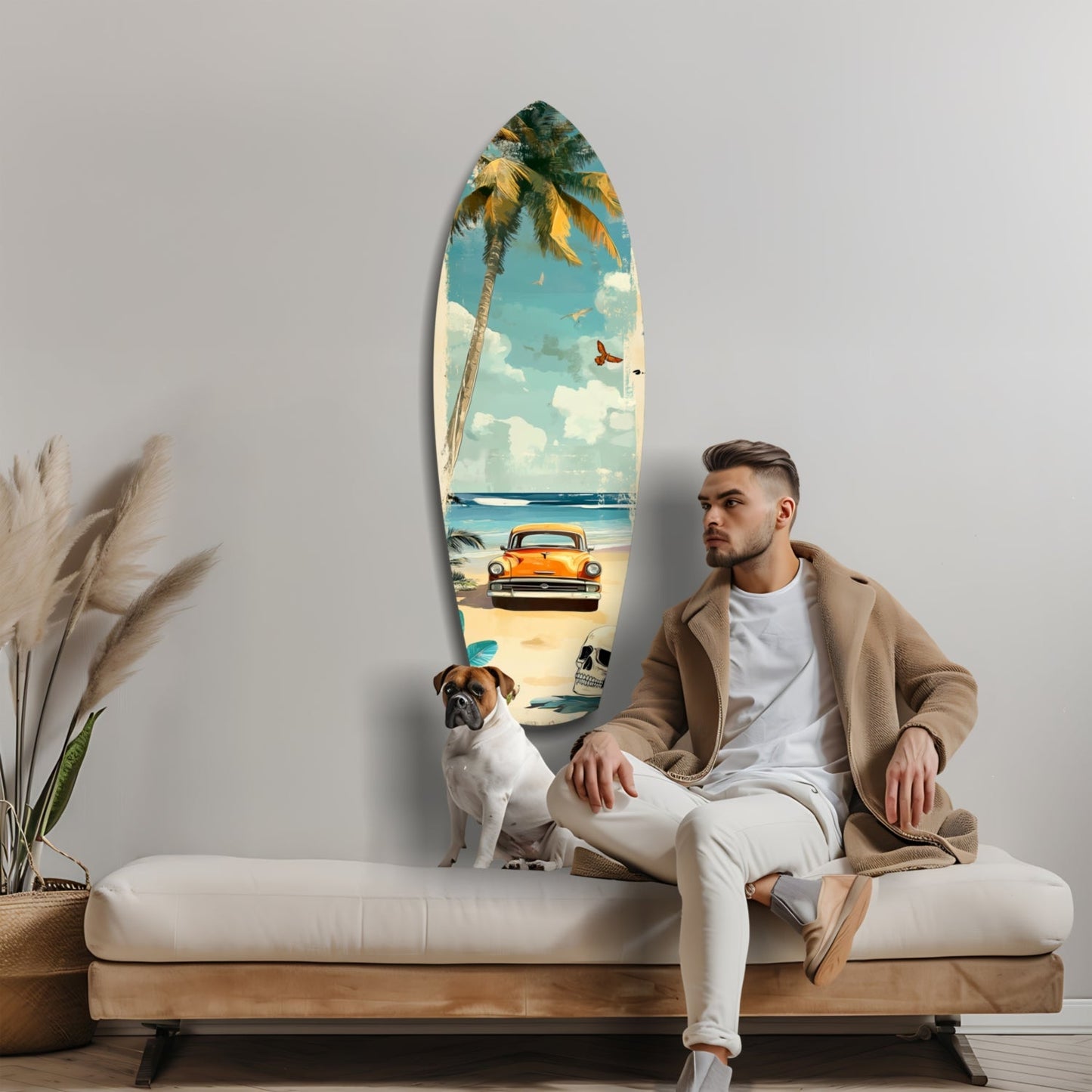 Man sitting on beige sofa with brown dog beside surfboard-shaped glass art featuring vintage car and palm tree beach scene.
