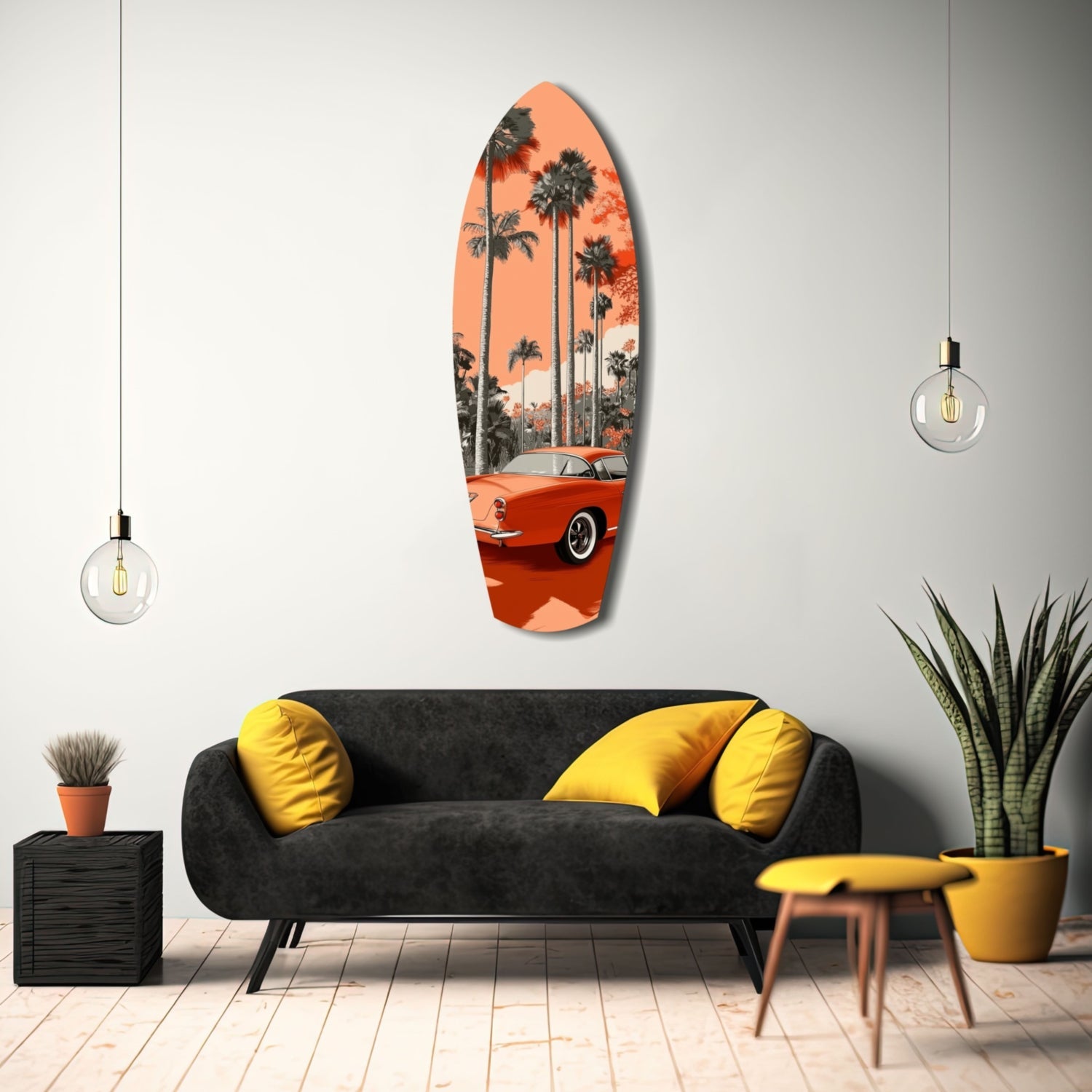 Surfboard-shaped glass wall art depicting an orange vintage car with palm trees against a coral sunset, displayed above a black sofa with yellow pillows.