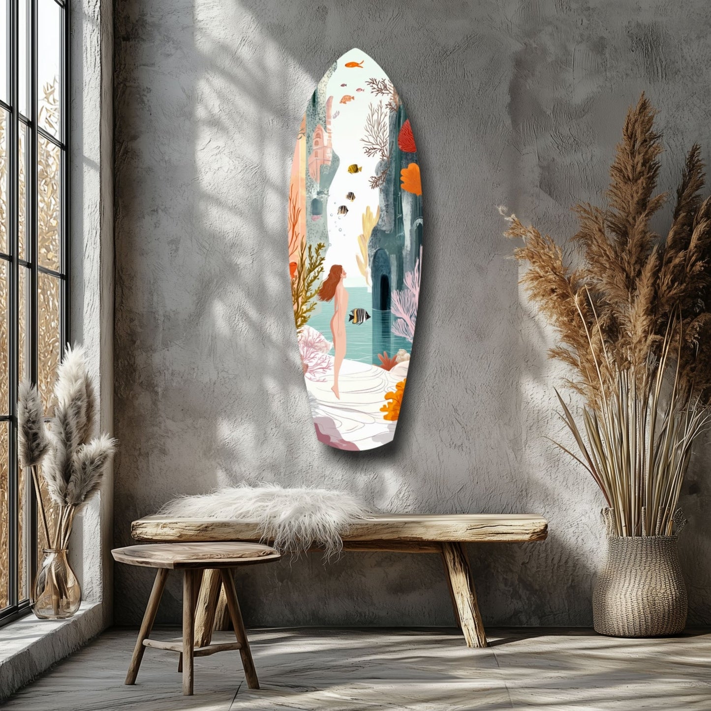 Oval glass wall art depicting an underwater scene with swimming figure, colorful fish, and coral displayed above wooden bench in minimalist room with dried grasses.
