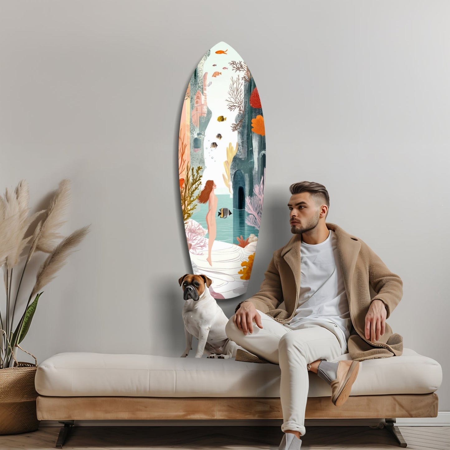Man and dog sitting on cream bench beside tall oval glass wall art featuring underwater scene with colorful fish, coral, and swimming figure.