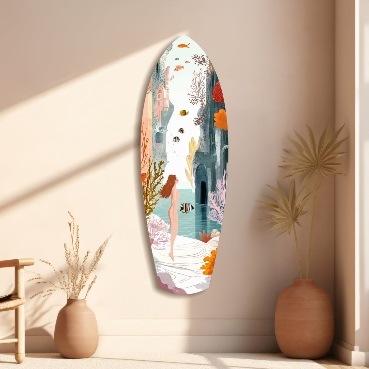 Oval glass wall art depicting underwater seascape with colorful fish, coral, and a figure, displayed on beige wall beside terracotta vases with dried plants.