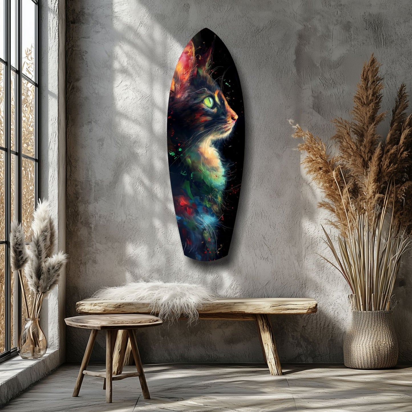Colorful glass wall art featuring a cat's profile with vibrant red, orange, yellow, and blue cosmic patterns displayed above a wooden bench in a minimalist room.