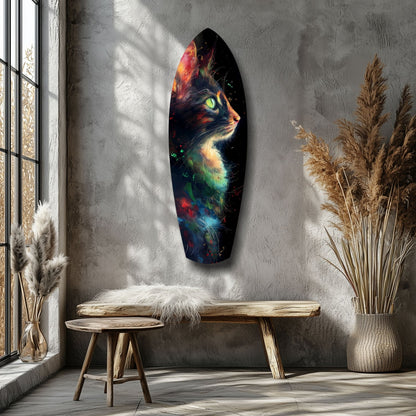 Colorful glass wall art featuring a cat's profile with vibrant red, orange, yellow, and blue cosmic patterns displayed above a wooden bench in a minimalist room.