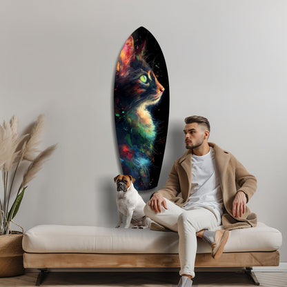 Man sitting on beige sofa next to brown dog, viewing illuminated glass wall art featuring colorful cat portrait with glowing eyes against black background.