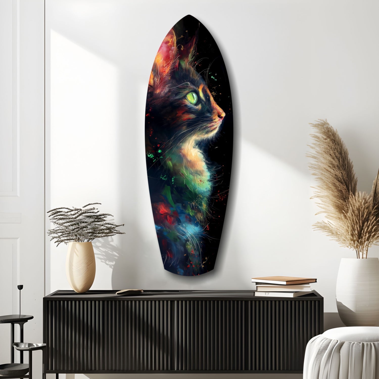 Oval glass wall art featuring a colorful cat portrait with glowing eyes, displayed above a black ribbed console in a minimalist interior setting.