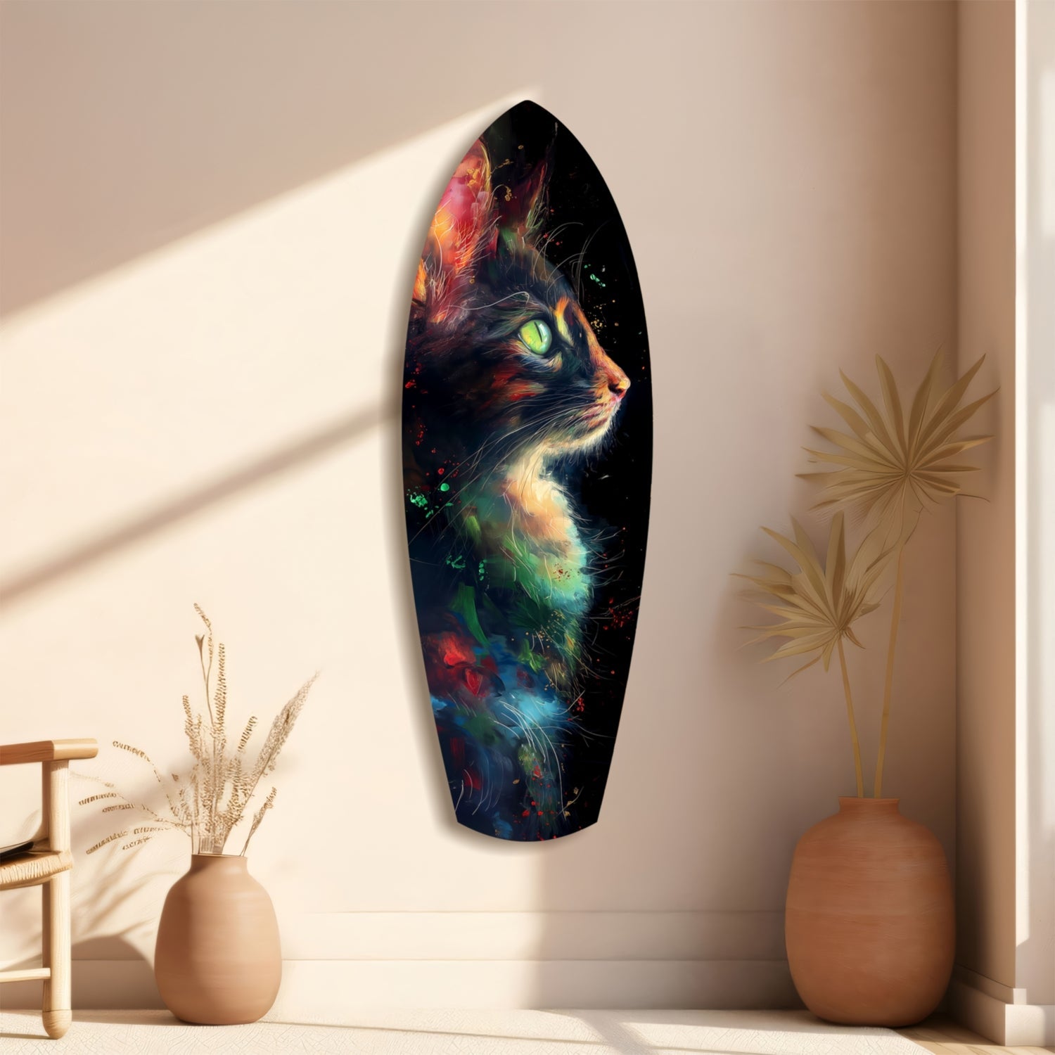 Oval glass wall art displaying a colorful cat with glowing green eyes and cosmic effects, hung on a beige wall beside decorative vases.