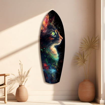 Oval glass wall art displaying a colorful cat with glowing green eyes and cosmic effects, hung on a beige wall beside decorative vases.