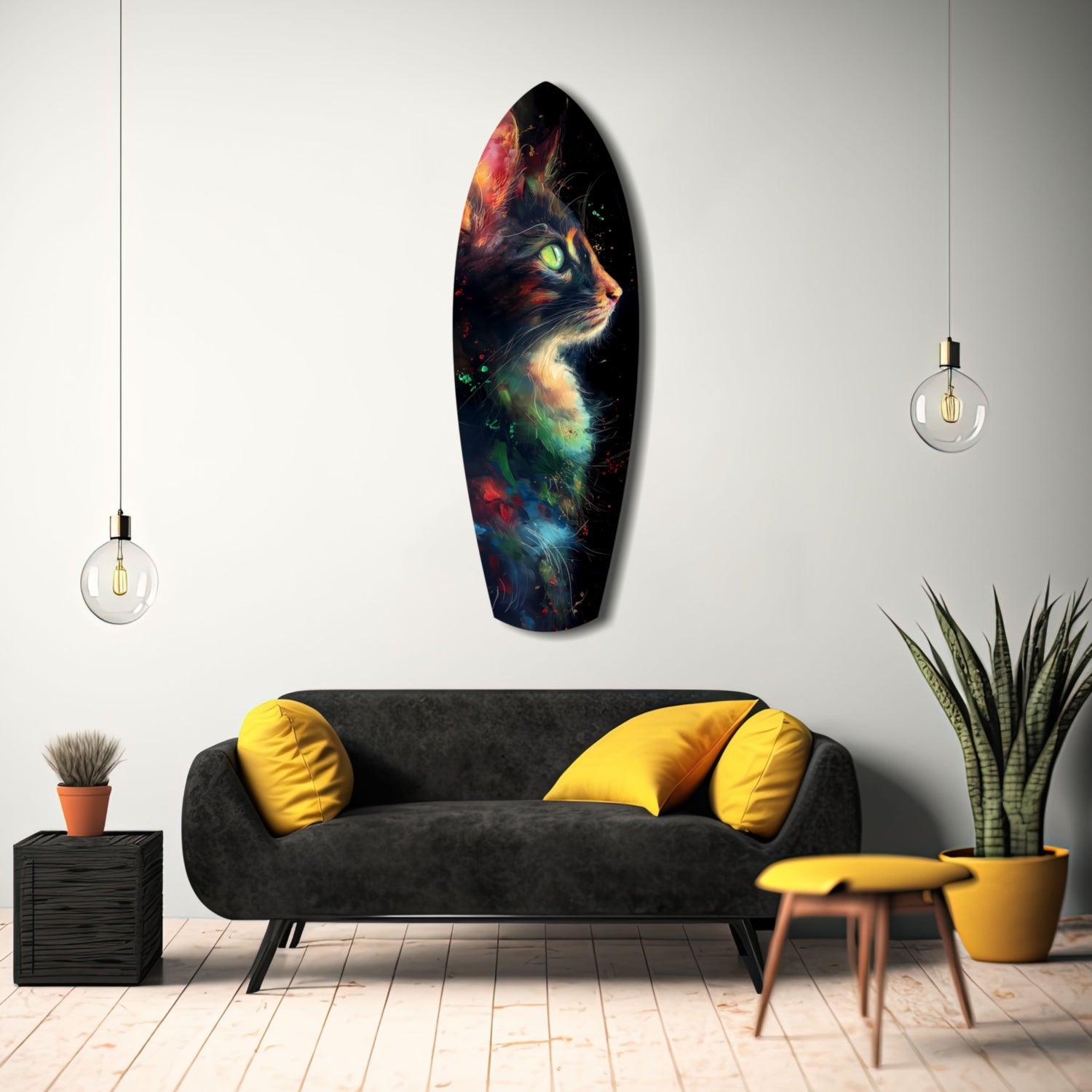 Celestial Cat Glass Wall Art displayed above a black sofa with yellow pillows in a modern living room setting.