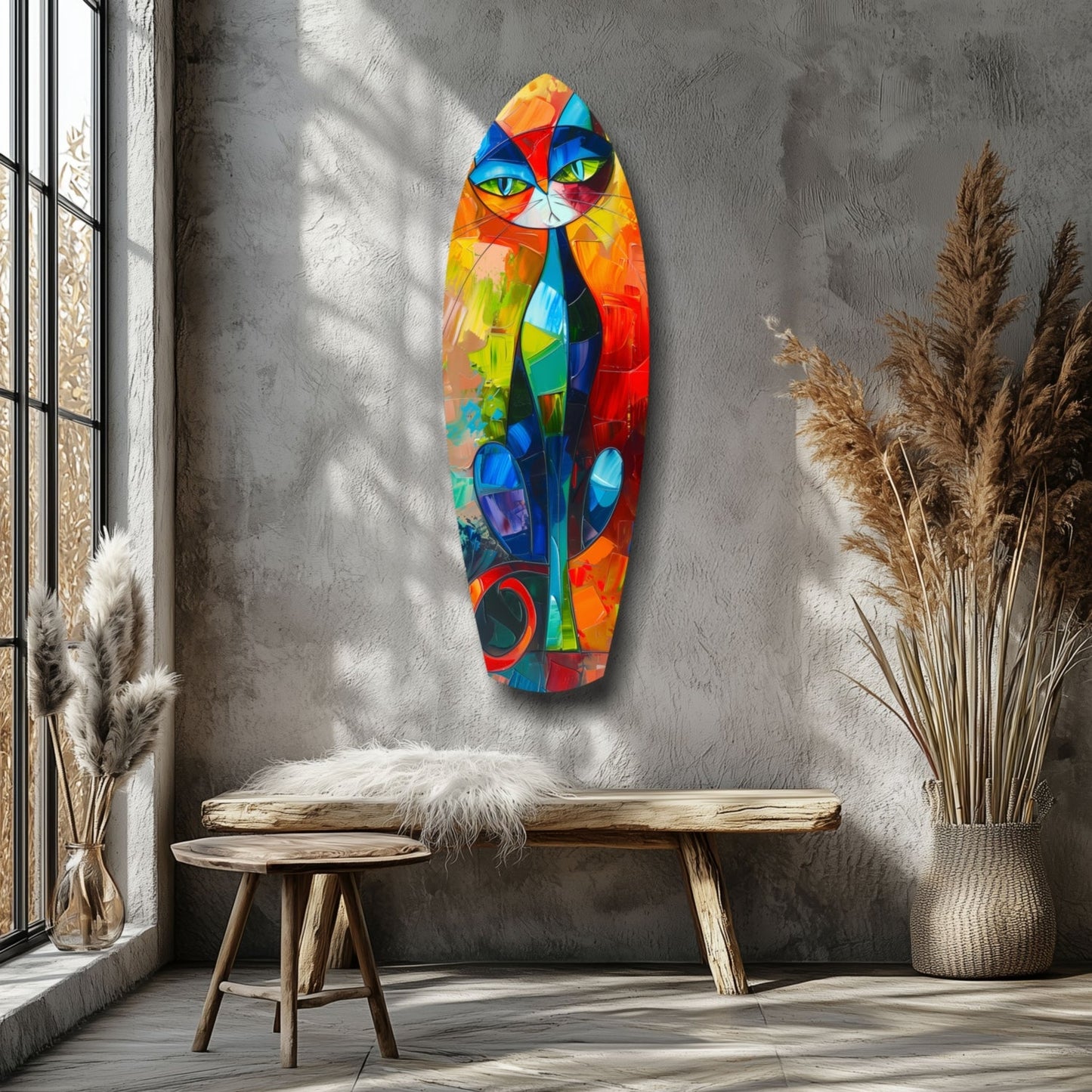 Colorful geometric cat glass wall art hanging above wooden bench in minimalist room with pampas grass decoration.