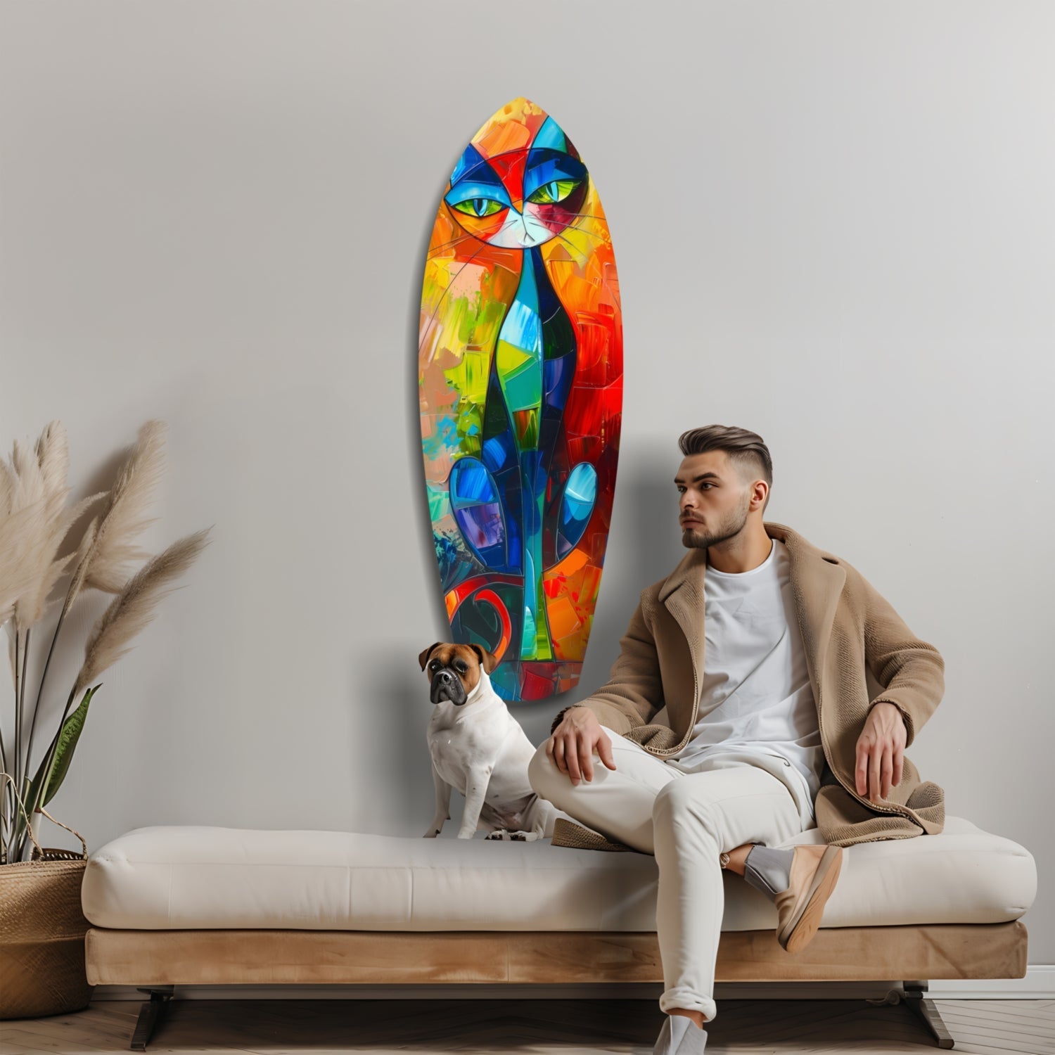 Man and dog sitting on cream sofa with colorful geometric cat glass wall art above, styled interior setting.