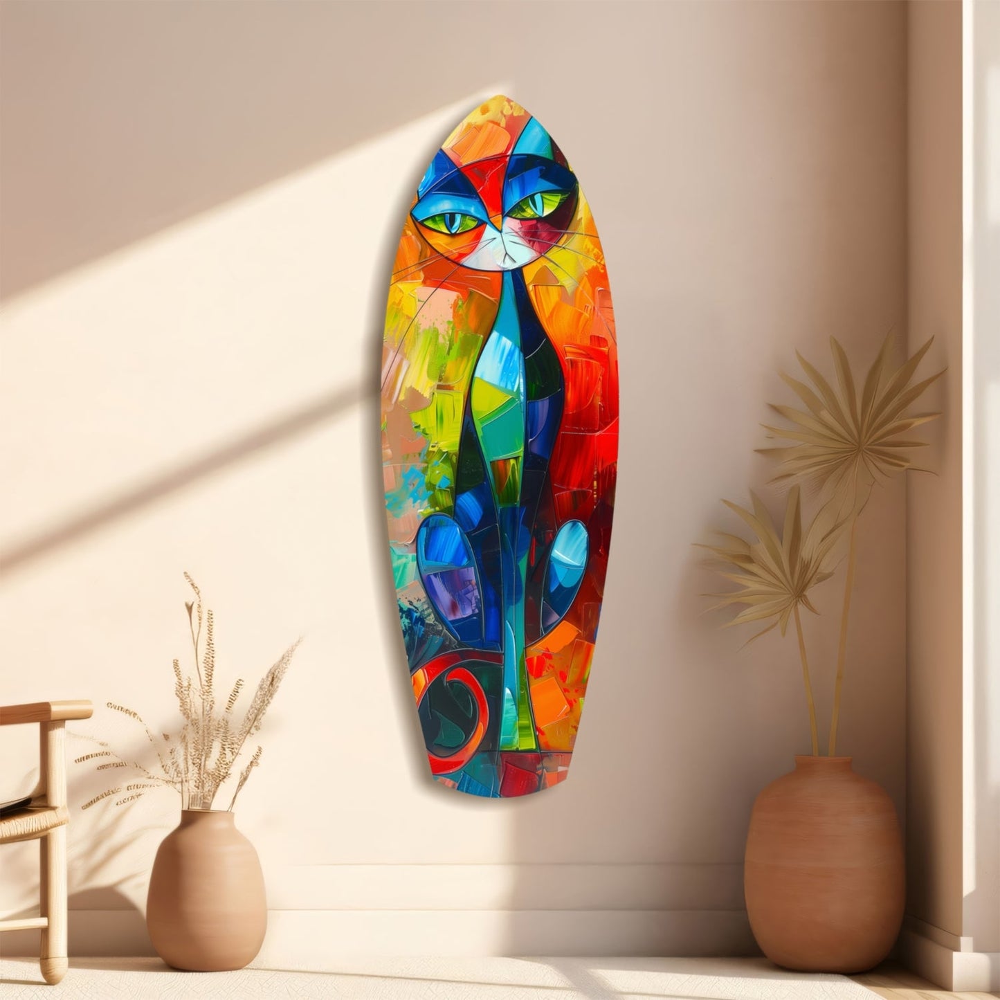 Colorful cubist cat glass wall art mounted vertically between two terracotta vases with dried grasses in minimalist beige interior.