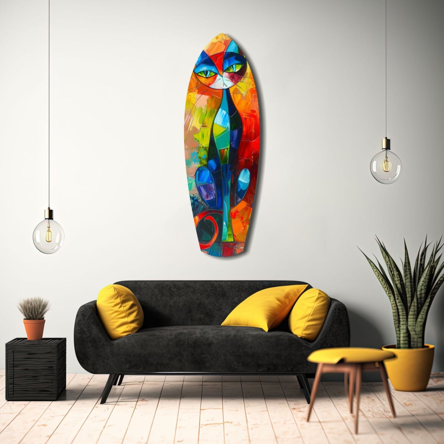 Colorful stained glass cat wall art displayed above a black sofa with yellow cushions in a modern living room setting.