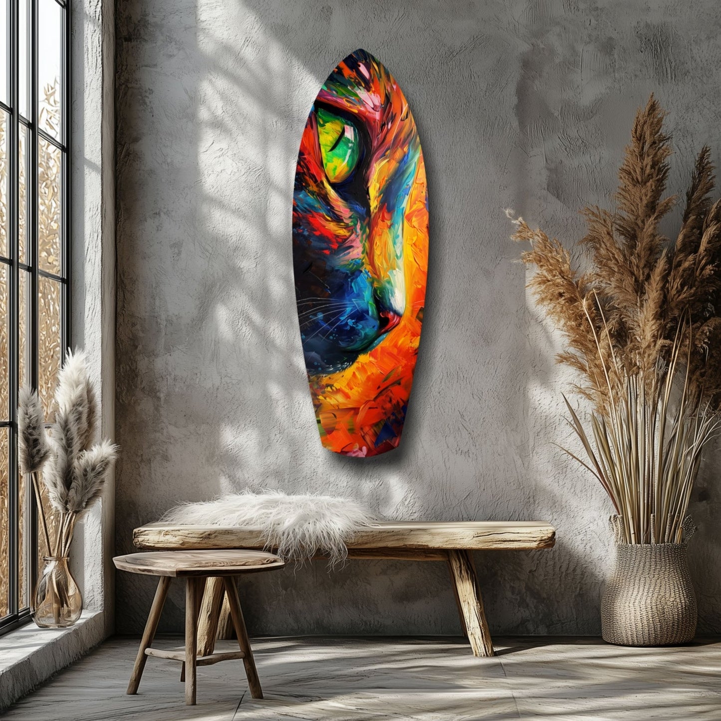 Colorful glass wall art featuring a vibrant rainbow cat face displayed above a wooden bench in a minimalist room with pampas grass.