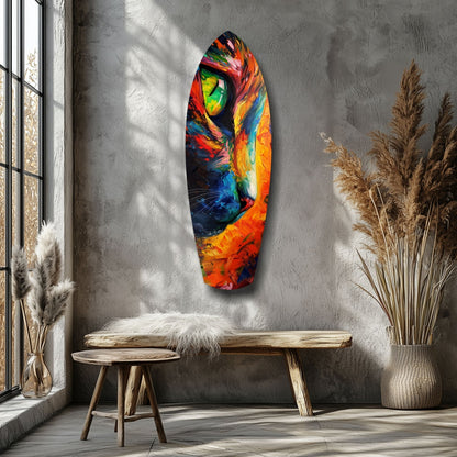 Colorful glass wall art featuring a vibrant rainbow cat face displayed above a wooden bench in a minimalist room with pampas grass.