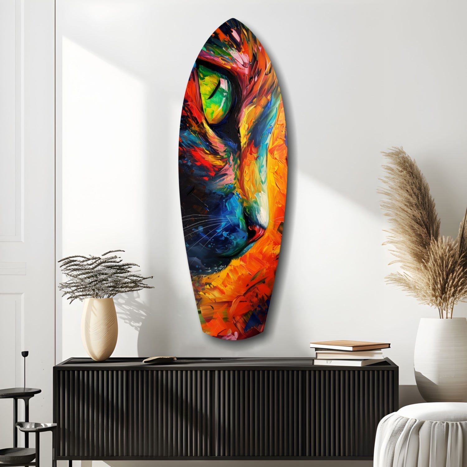 Colorful glass cat wall art hung above a black cabinet in a minimalist room with decorative vases and books.