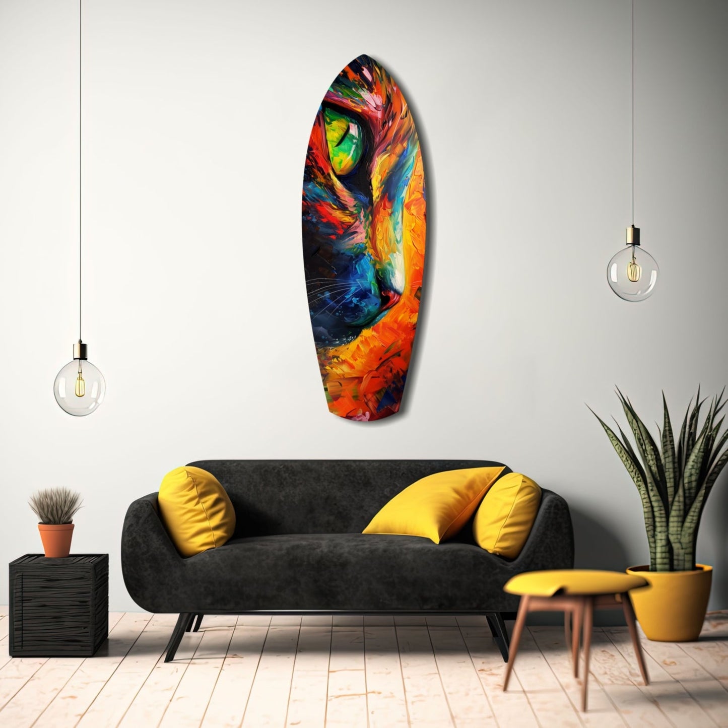 Colorful glass cat wall art with vibrant orange, red, yellow, and blue hues displayed above a black sofa in a modern living room.