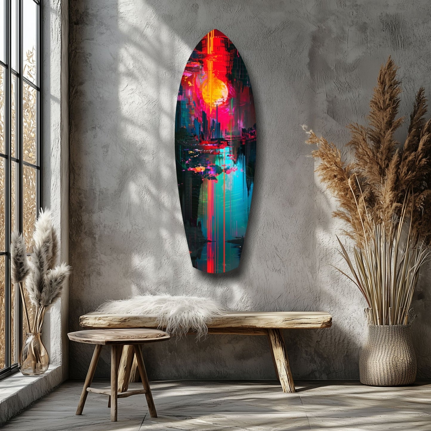 Oval glass wall art displaying vibrant neon cityscape in red, yellow, and cyan hung above wooden bench in minimalist room.