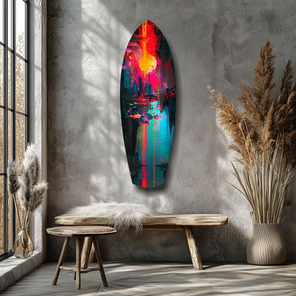 Oval glass wall art displaying vibrant neon cityscape in red, yellow, and cyan hung above wooden bench in minimalist room.