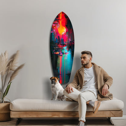 Man with dog sitting on cream sofa beside colorful neon cityscape glass wall art in vertical oval shape.