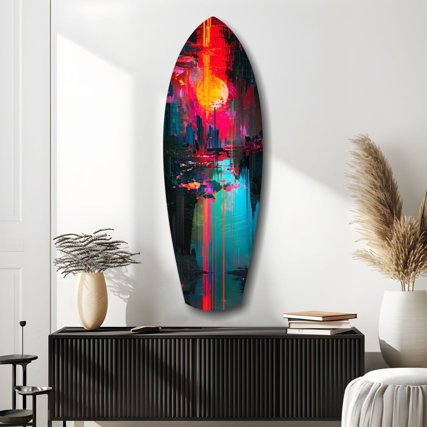 Vertical oval glass wall art featuring neon cityscape with glowing yellow sun, red and cyan vertical streaks, displayed above black ribbed cabinet in minimalist room setting.