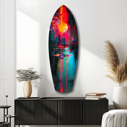Vertical oval glass wall art featuring neon cityscape with glowing yellow sun, red and cyan vertical streaks, displayed above black ribbed cabinet in minimalist room setting.