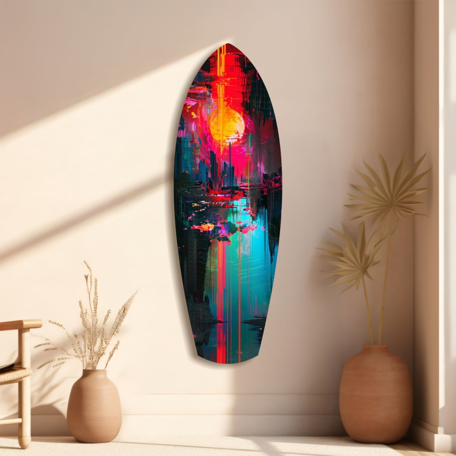 Elongated oval glass wall art with neon cityscape design displaying red, yellow, cyan, and magenta colors, mounted on beige wall beside terracotta vases with dried grasses.