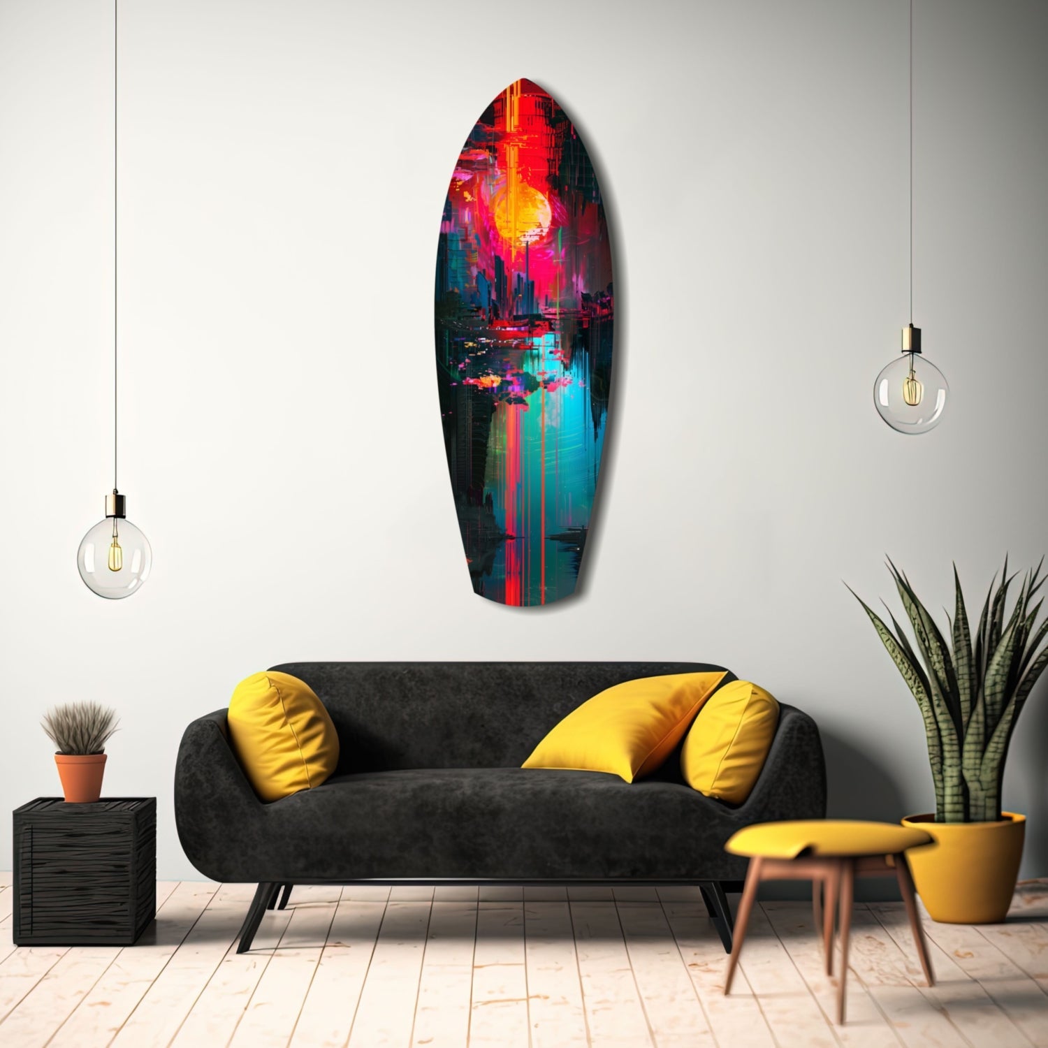 Dark City Glass Wall Art displayed above a black sofa with yellow pillows in a modern living room setting.